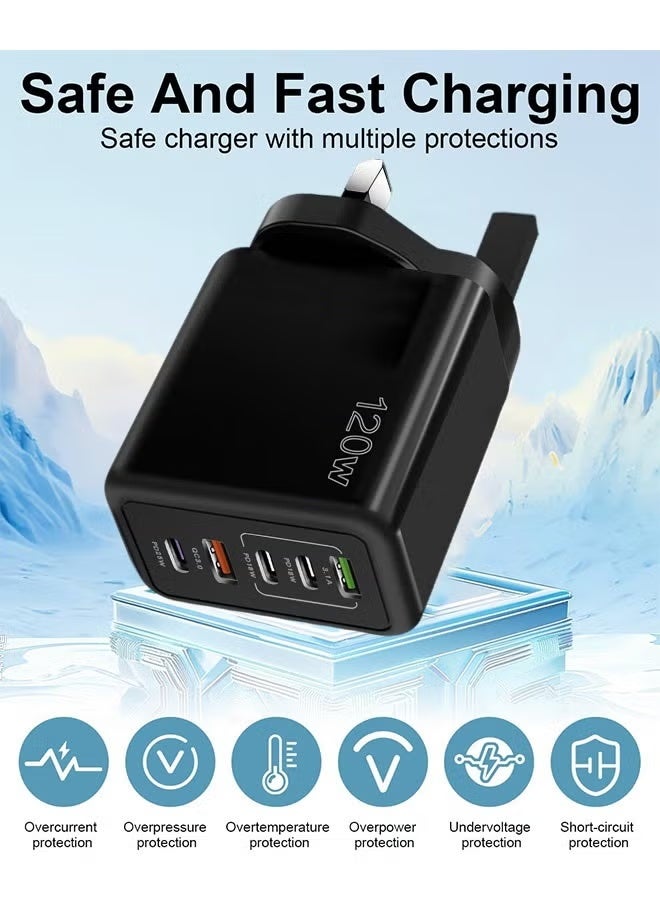 FIRST PRO 120W 5 Port USB C Fast Charger 3 USB C PD and 2 USB A QC 3.0 Wall Power Adapter for iPhone 16/15 Series, iPad Pro/Air, MacBook, Samsung Galaxy, Huawei, Laptops Black - Image 3