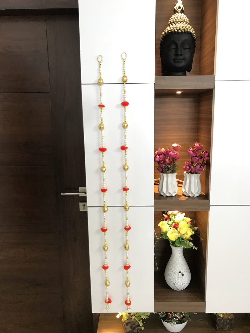 Aahum Handmade Wall Door 6 FT.4 Strings Red Pom Pom with White Pearl Golden Beads Hanging Torans Garland Bandhwar Decoration Item for Home Décor Diwali Festival, Navratri, Wedding (6 FT 4 Strings - Image 4