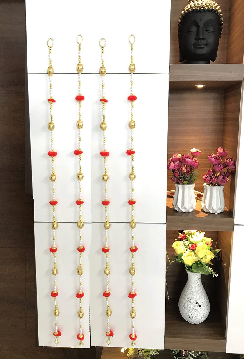 Aahum Handmade Wall Door 6 FT.4 Strings Red Pom Pom with White Pearl Golden Beads Hanging Torans Garland Bandhwar Decoration Item for Home Décor Diwali Festival, Navratri, Wedding (6 FT 4 Strings - Image 1