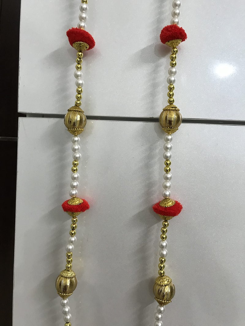 Aahum Handmade Wall Door 6 FT.4 Strings Red Pom Pom with White Pearl Golden Beads Hanging Torans Garland Bandhwar Decoration Item for Home Décor Diwali Festival, Navratri, Wedding (6 FT 4 Strings - Image 3