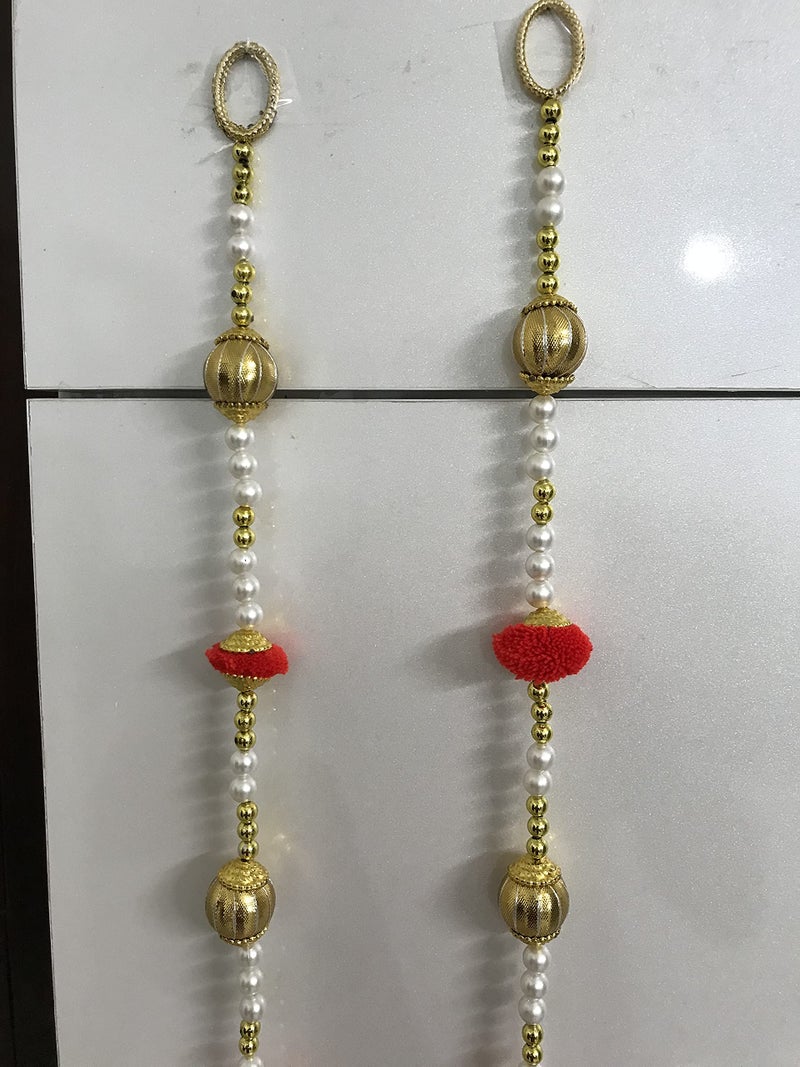 Aahum Handmade Wall Door 6 FT.4 Strings Red Pom Pom with White Pearl Golden Beads Hanging Torans Garland Bandhwar Decoration Item for Home Décor Diwali Festival, Navratri, Wedding (6 FT 4 Strings - Image 2