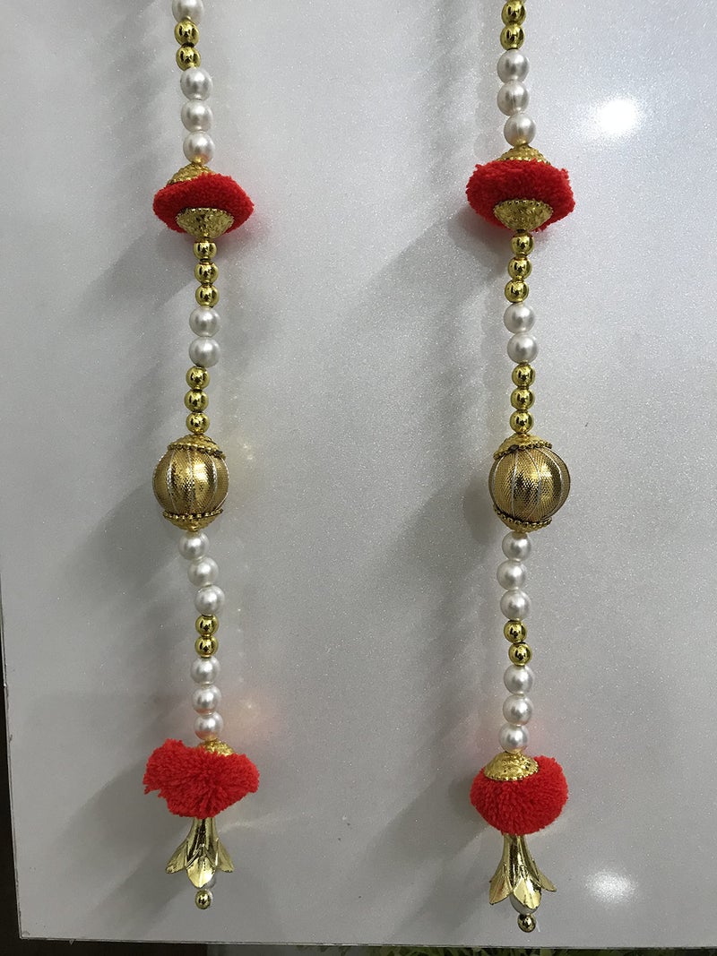 Aahum Handmade Wall Door 6 FT.4 Strings Red Pom Pom with White Pearl Golden Beads Hanging Torans Garland Bandhwar Decoration Item for Home Décor Diwali Festival, Navratri, Wedding (6 FT 4 Strings - Image 5