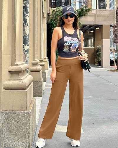 G4Free Wide Leg Sweatpants with Pockets Stretchy Yoga Workout Pants Breathable Palazzo Pajama Loose Pants Tummy Control(Coca Mocha,M,31") - Image 3