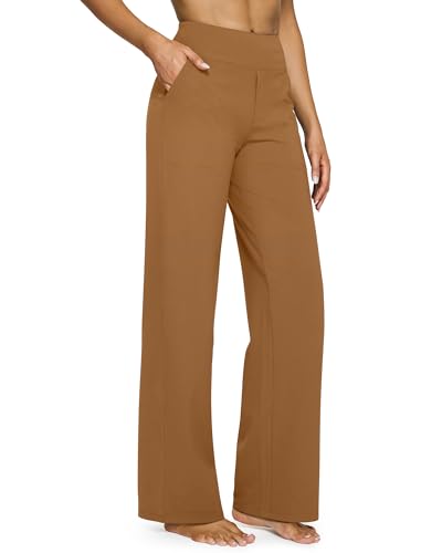 G4Free Wide Leg Sweatpants with Pockets Stretchy Yoga Workout Pants Breathable Palazzo Pajama Loose Pants Tummy Control(Coca Mocha,M,31") - Image 1