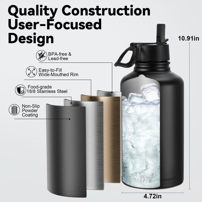 KXIAOCHEN 64 Oz Insulated Water Bottle Half Gallon With Paracord Handle Strap, Cold For 48 Hrs Leak Proof Large Stainless Steel Water Bottle With Straw And Spout Lid For Gym Hiking Camping - Image 5