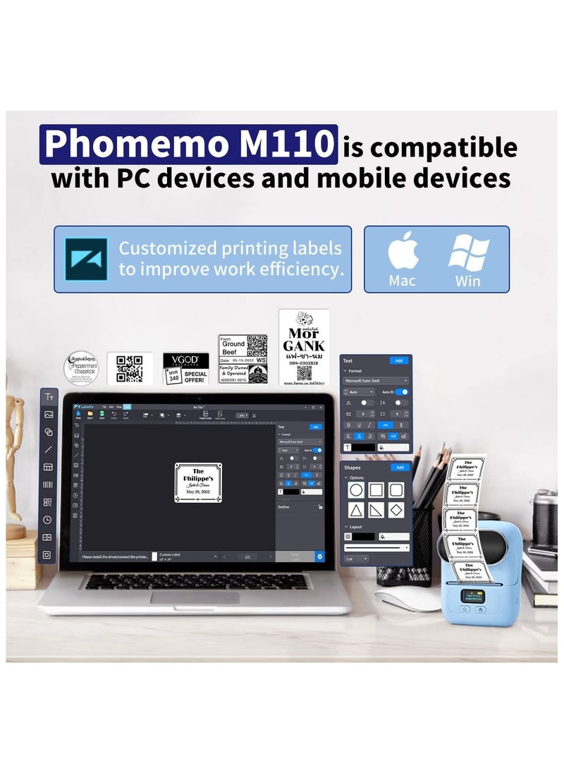 phomemo - M110 Label Maker Machine with 50mm Print Width, Portable Bluetooth Thermal Label Printer, Barcode Printer for Clothing, Jewelry, Retail, Mailing, Compatible with Android IOS System (Blue) - Image 1
