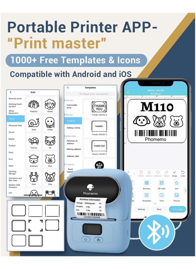 phomemo - M110 Label Maker Machine with 50mm Print Width, Portable Bluetooth Thermal Label Printer, Barcode Printer for Clothing, Jewelry, Retail, Mailing, Compatible with Android IOS System (Blue) - Image 1