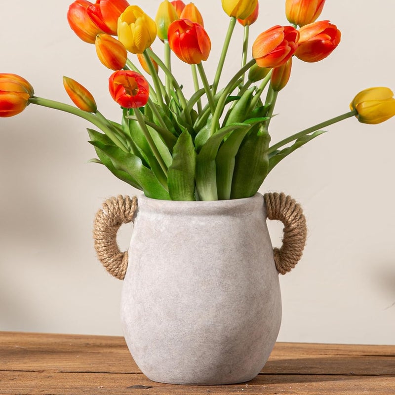 Vanselia Ceramic Flower Vase Home Decor - 7.1 Inch White Rustic Table Flowers Vases Living Room Bedroom Plant Decoration Modern Farmhouse Vintage for Kitchen Shelf Office Coffee Dining Desk House Women - Image 1