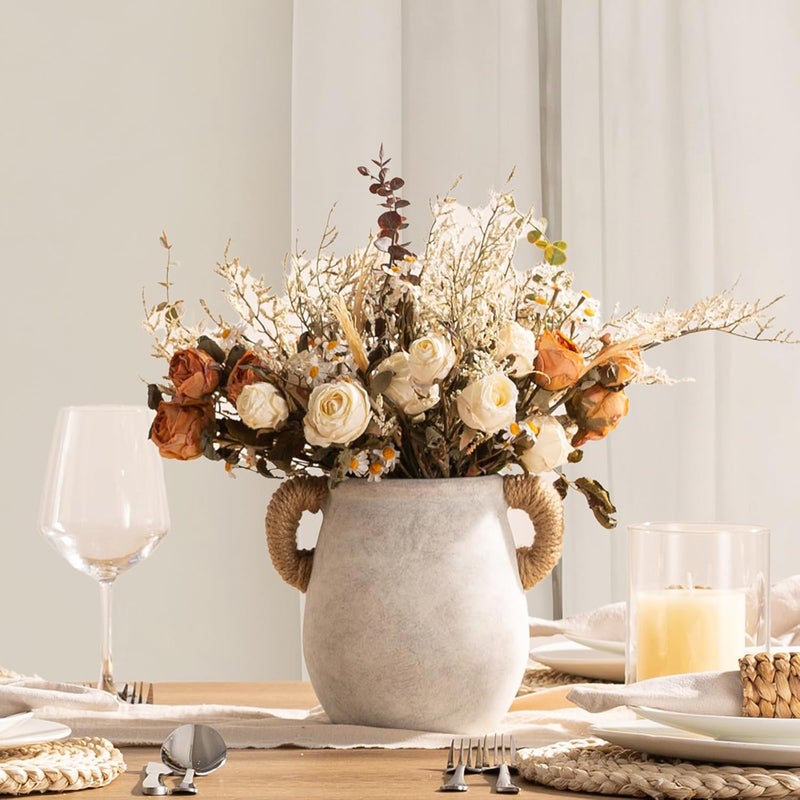 Vanselia Ceramic Flower Vase Home Decor - 7.1 Inch White Rustic Table Flowers Vases Living Room Bedroom Plant Decoration Modern Farmhouse Vintage for Kitchen Shelf Office Coffee Dining Desk House Women - Image 5