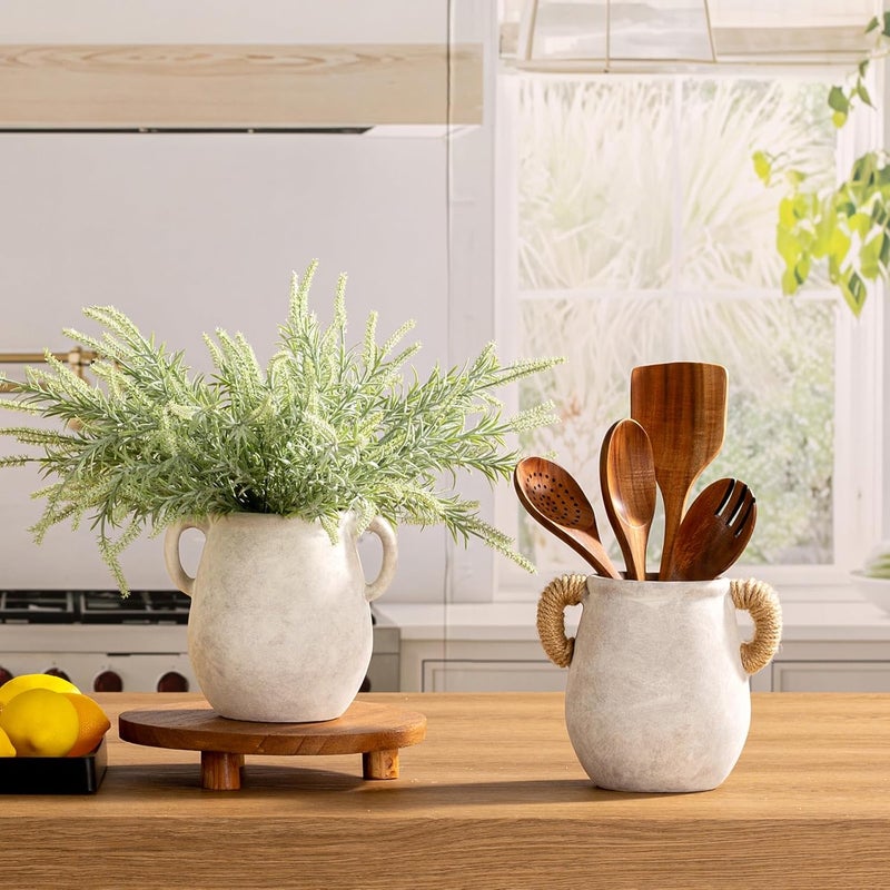 Vanselia Ceramic Flower Vase Home Decor - 7.1 Inch White Rustic Table Flowers Vases Living Room Bedroom Plant Decoration Modern Farmhouse Vintage for Kitchen Shelf Office Coffee Dining Desk House Women - Image 3