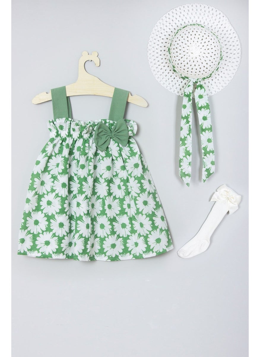 Ada Bebek Çocuk - Ada Baby Child Hat Flower Patterned Dress Knee Length Bow Socks Set 008 - Image 1