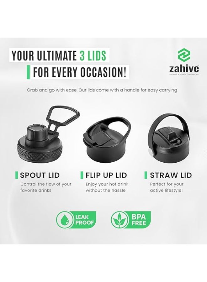 Zahive 🎁 FREE BONUS BUNDLE: Each purchase comes with a stainless steel water bottle, accompanied by a bonus pack of 3 leak-proof lids, 2 straws, a carrying bag, and a straw brush. A perfect set for all your outdoor and indoor activities and for adults. 💎 SUPERIOR INSULATION & QUALITY: Our double-wall vacuum insulated water bottle is crafted from food-grade 18/8 stainless steel ensuring your drinks stay cold or hot for longer. This stainless steel water bottle is your ideal companion as a thermos or coffee mug, keeping your beverages at the desired temperature. - Image 5