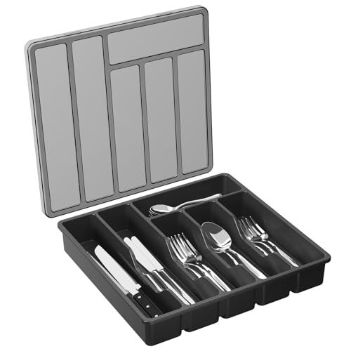 Lifewit Silverware Organizer with Lid, Covered Utensil Tray for Kitchen Drawer and Countertop, Plastic Cutlery and Flatware Storage Box for Spoons Forks Knives Holder Case, 6 Compartments, Black - Image 1