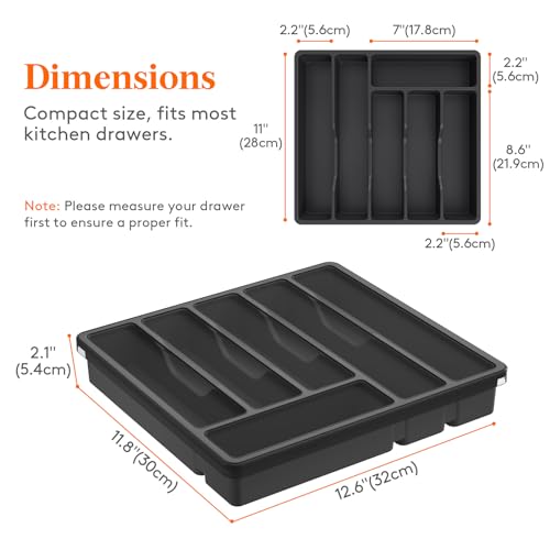 Lifewit Silverware Organizer with Lid, Covered Utensil Tray for Kitchen Drawer and Countertop, Plastic Cutlery and Flatware Storage Box for Spoons Forks Knives Holder Case, 6 Compartments, Black - Image 4