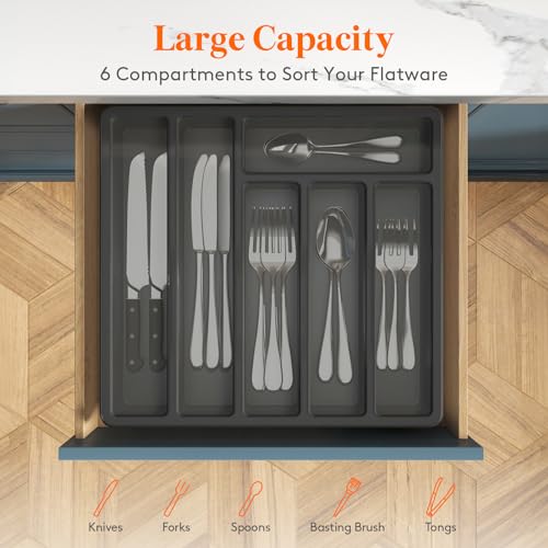 Lifewit Silverware Organizer with Lid, Covered Utensil Tray for Kitchen Drawer and Countertop, Plastic Cutlery and Flatware Storage Box for Spoons Forks Knives Holder Case, 6 Compartments, Black - Image 3