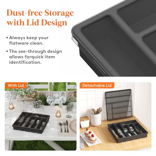 Lifewit Silverware Organizer with Lid, Covered Utensil Tray for Kitchen Drawer and Countertop, Plastic Cutlery and Flatware Storage Box for Spoons Forks Knives Holder Case, 6 Compartments, Black - Image 2