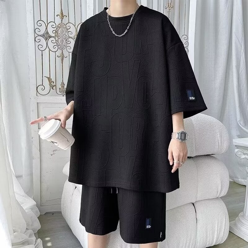 Casual Suit Mens Summer Thin Ice Silk Sports Short-sleeved T-shirt Shorts Mens Suit Collocation Loose Trend Khaki - Image 2