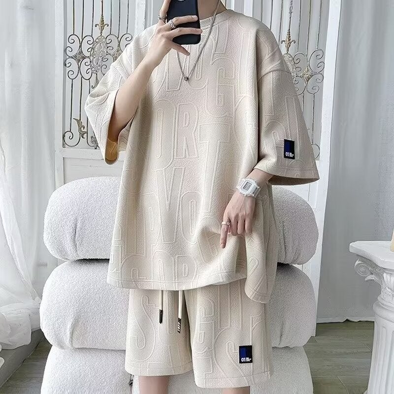 Casual Suit Mens Summer Thin Ice Silk Sports Short-sleeved T-shirt Shorts Mens Suit Collocation Loose Trend Khaki - Image 1