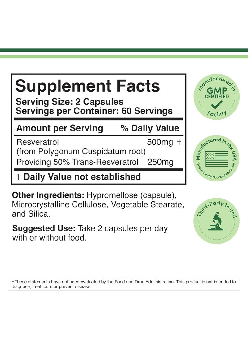 مكمل ريسفيراترول ٥٠٠ ملغ لكل جرعة، ١٢٠ كبسولة، ٦٠ جرعة - Image 2