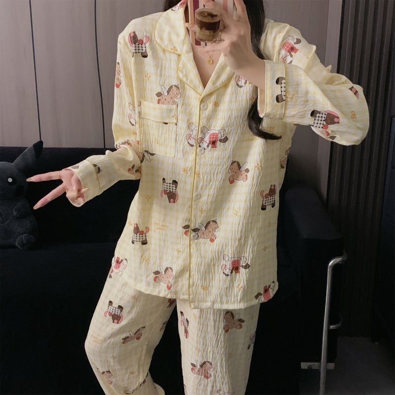 Korean-Style Cute Student Spring/Summer Plus-Size Yellow Plaid Pajamas for Women, Long-Sleeve Cartoon Loungewear That Can Be Worn Outside, in Stock for Shipping - Image 5