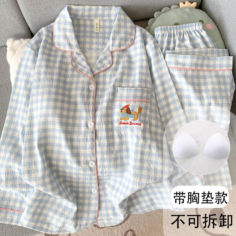 Korean-Style Cute Student Spring/Summer Plus-Size Yellow Plaid Pajamas for Women, Long-Sleeve Cartoon Loungewear That Can Be Worn Outside, in Stock for Shipping - Image 1