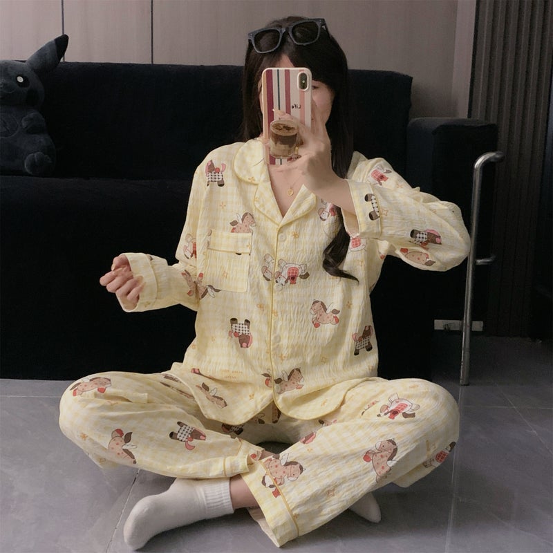 Korean-Style Cute Student Spring/Summer Plus-Size Yellow Plaid Pajamas for Women, Long-Sleeve Cartoon Loungewear That Can Be Worn Outside, in Stock for Shipping - Image 3