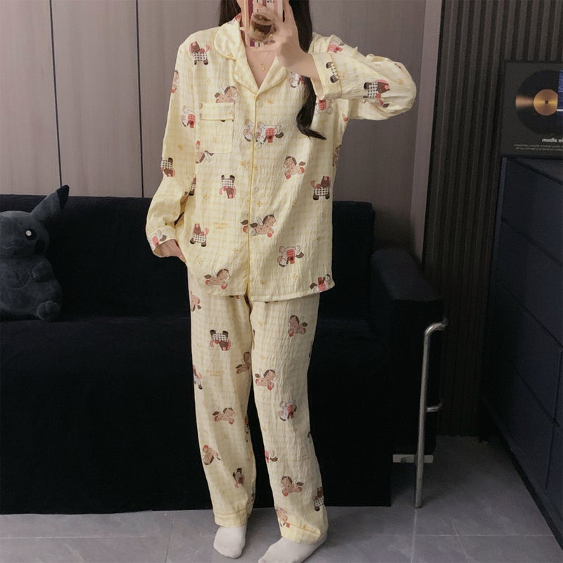 Korean-Style Cute Student Spring/Summer Plus-Size Yellow Plaid Pajamas for Women, Long-Sleeve Cartoon Loungewear That Can Be Worn Outside, in Stock for Shipping - Image 4