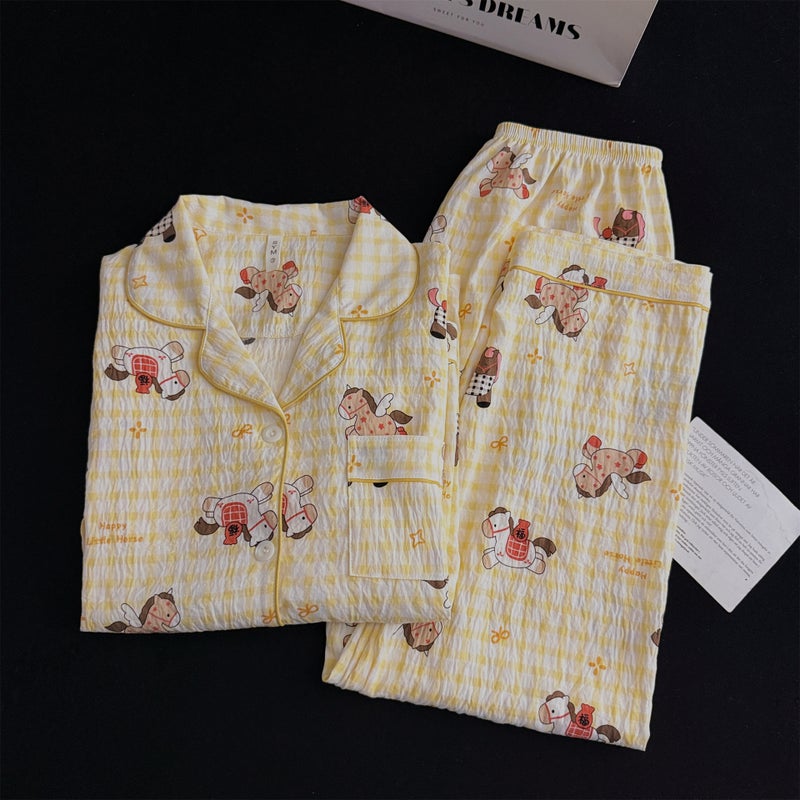 Korean-Style Cute Student Spring/Summer Plus-Size Yellow Plaid Pajamas for Women, Long-Sleeve Cartoon Loungewear That Can Be Worn Outside, in Stock for Shipping - Image 2