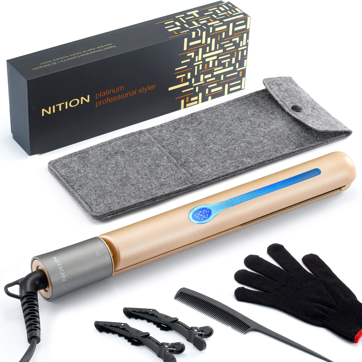 NITION Ceramic Tourmaline Hair Straighteners LCD Flat Iron MCH Fast Heating Up Healthy Home Straightening Styling Tools with Travel Pouch Bag 265450F Adjustable 1 Smooth 3D Plate Dual Voltage