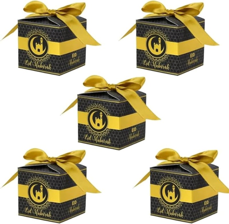 BrainGiggles Eid Mubarak Gift Boxes – Pack of 5 Ramadan Favor Boxes in Black & Gold, Elegant Treat Box for Sweets, Dates, Chocolates, and Gifts for Kids | Eid Gift Bags (Black) - Image 1