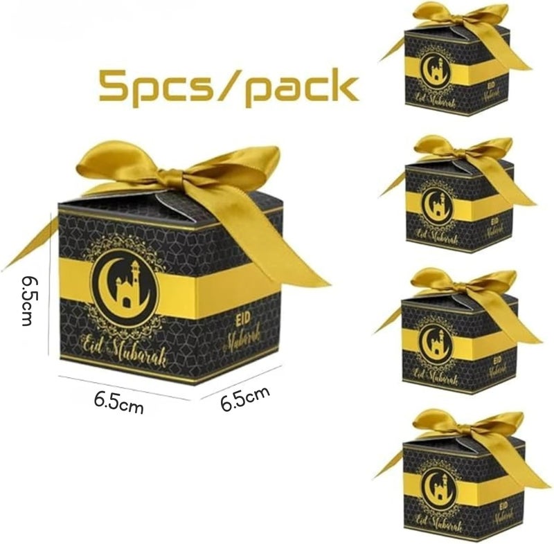 BrainGiggles Eid Mubarak Gift Boxes – Pack of 5 Ramadan Favor Boxes in Black & Gold, Elegant Treat Box for Sweets, Dates, Chocolates, and Gifts for Kids | Eid Gift Bags (Black) - Image 3