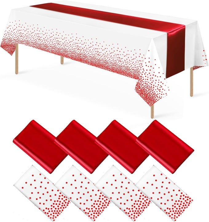 8PACK DISPOSABLE PLASTIC TABLECLOTHS AND SATIN TABLE RUNNER SET WHITE AND RED DOT TABLECLOTH RED SATIN TABLE RUNNER FOR WEDDING BIRTHDAY BABY SHOWER ANNIVERSARY CHRISTMAS NEW YEAR PARTY SUPPLIES