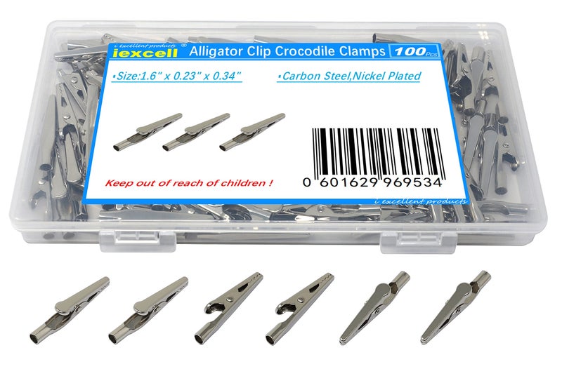 iexcell 100 Pcs 16 Inches 40 mm Steel Alligator Clips Crocodile ClampsSilver Tone Nickel Plated Come in a Plastic Case