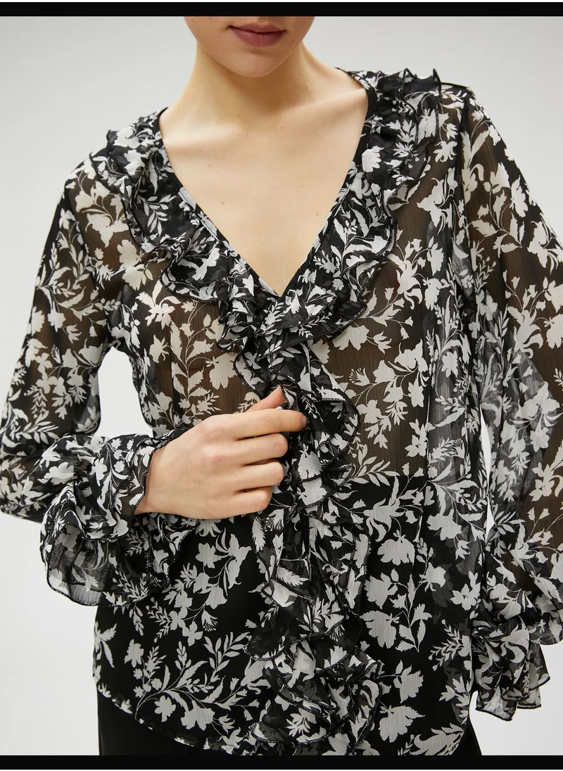 KOTON Chiffon Blouse Floral Voluminous V Neck