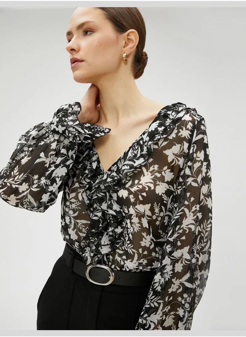 KOTON Chiffon Blouse Floral Voluminous V Neck