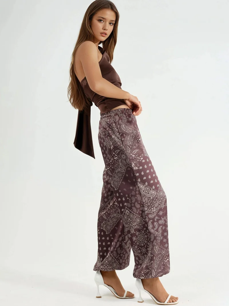 Qustyle QU STYLE Patterned Baggy Fit Elastic Leg Pants with Pockets
