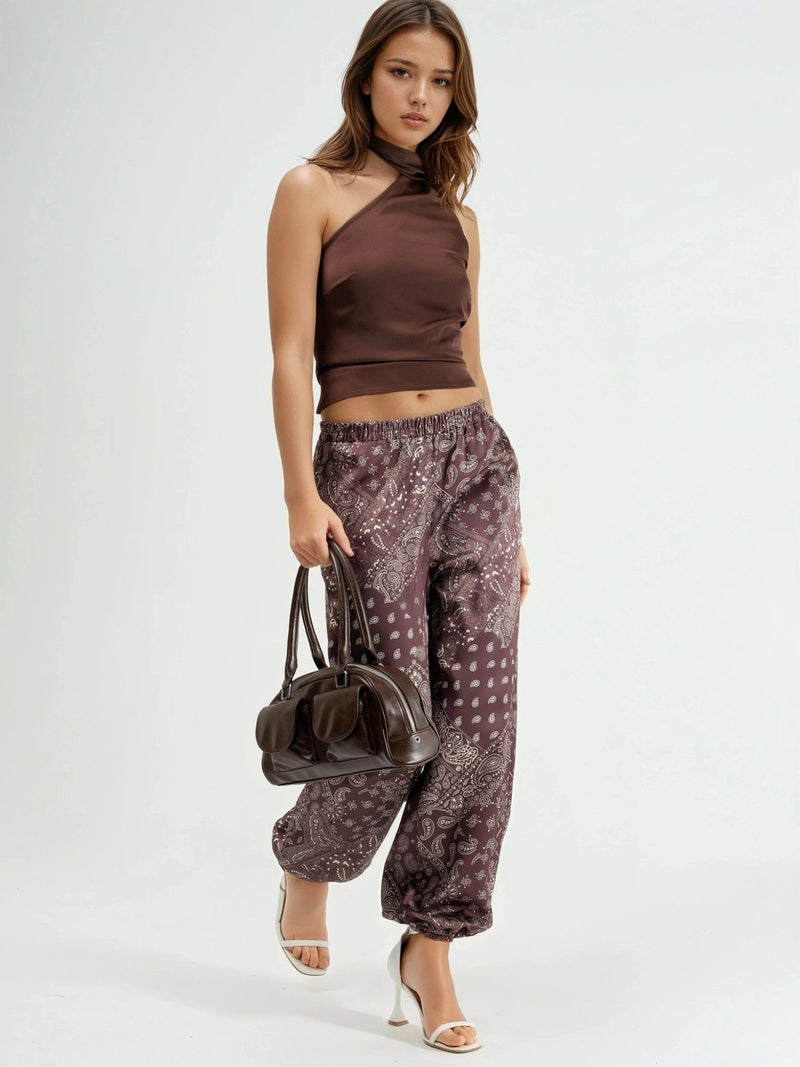 Qustyle QU STYLE Patterned Baggy Fit Elastic Leg Pants with Pockets - Image 4