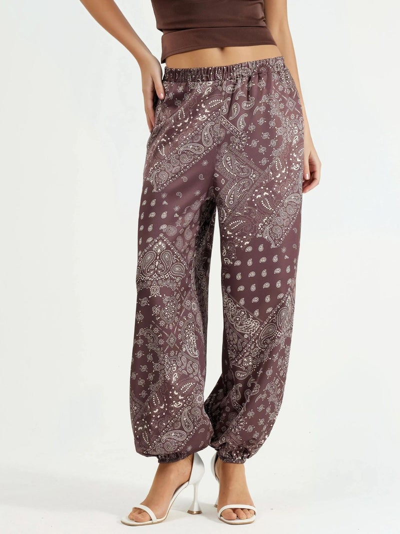 Qustyle QU STYLE Patterned Baggy Fit Elastic Leg Pants with Pockets - Image 1