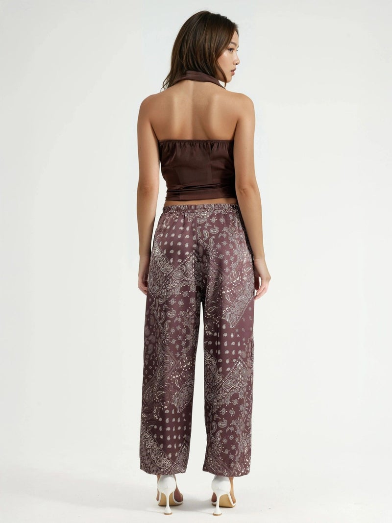 Qustyle QU STYLE Patterned Baggy Fit Elastic Leg Pants with Pockets - Image 3