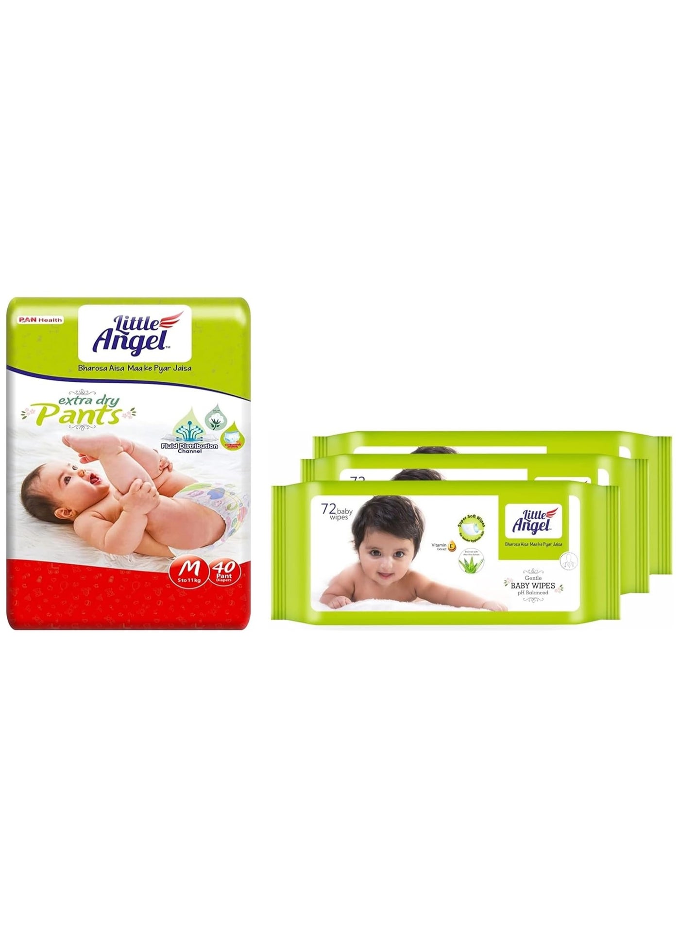 Little Angel Extra Dry Diaper Pants, Medium (M) Size 40 Count & Soft Cleansing Baby Wipes 216 Count, Enriched With Aloe Vera & Vitamin E, Pack of 3, 72 Wipes/Pack