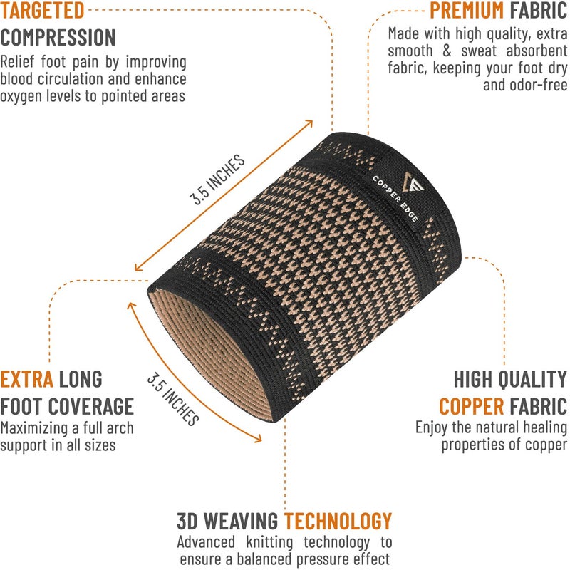 Copper Edge Copper Arch Support for Plantar Fasciitis. 2 Half Socks/Sleeve Compression Brace for Women and Men. Orthotics Feet Pain Aid Fit for Flat/High/Fallen Arches, Foot Care (Copper) - Image 3