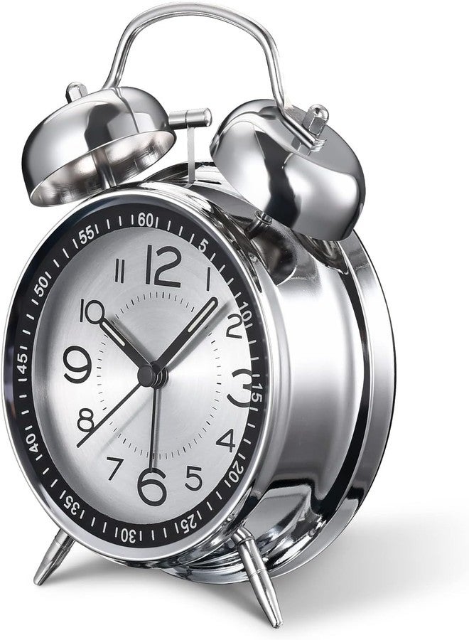 KACHKIT Analog Alarm Clock for Heavy Sleepers Loud Clock, Metal 4 Inches Twin Bell Table Clock with Backlight Alarm Clocks for Students, Office, Bedroom, Living Room, (Silver ; PCS-1). (Big) - Image 1