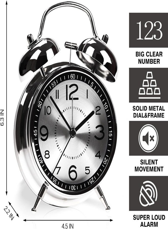 KACHKIT Analog Alarm Clock for Heavy Sleepers Loud Clock, Metal 4 Inches Twin Bell Table Clock with Backlight Alarm Clocks for Students, Office, Bedroom, Living Room, (Silver ; PCS-1). (Big) - Image 2