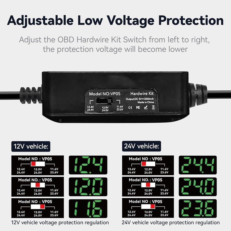 REDTIGER Dash Cam OBD Hardwire Kit Power Cable Type USB C Port,10FT 12V-24V to 5V,for Dash Camera, Low Voltage Protection - Image 4