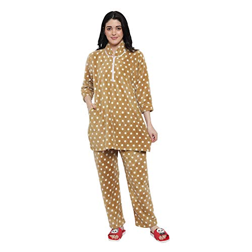 CIERGE Women's Dot Woolen Full Sleeve Night Pajama Set (Camel), Free Size - Image 1