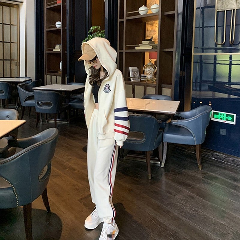 Sweater Loose Casual Sports Suit Womens 2022 New Spring and Autumn Internet Celebrity Street Fashion Running Two-piece Set Khakis suit