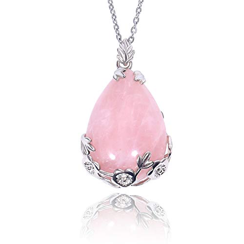 KISSPAT Natural Teardrop Rose Quartz Pendant Necklace on 20" Stainless Steel Chain - Image 1