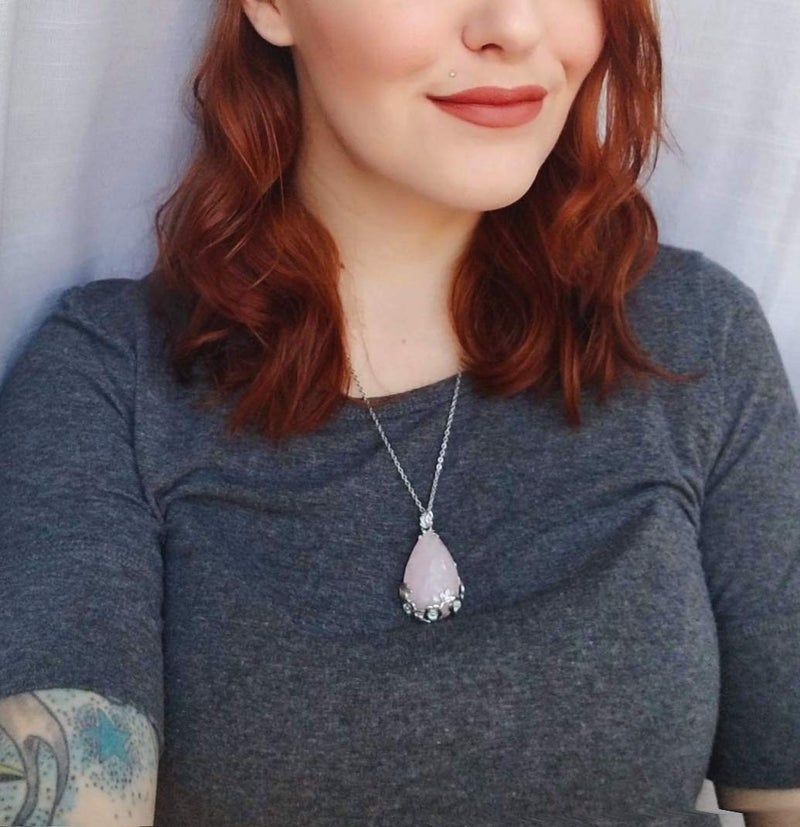KISSPAT Natural Teardrop Rose Quartz Pendant Necklace on 20" Stainless Steel Chain - Image 2