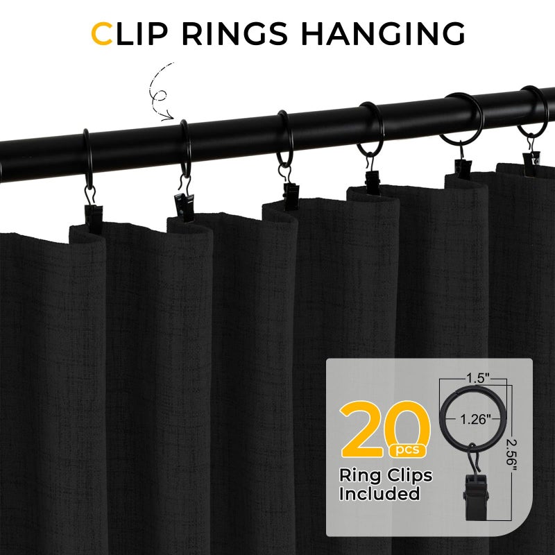 INOVADAY Blackout Curtains  2-Panel Linen Textured 100% Thermal Insulated Room Darkening Sun Blocking Drapes for Bedroom  Nursery  Living Room + 20 Curtain Ring Clips -W50 x L96  Black - Image 4