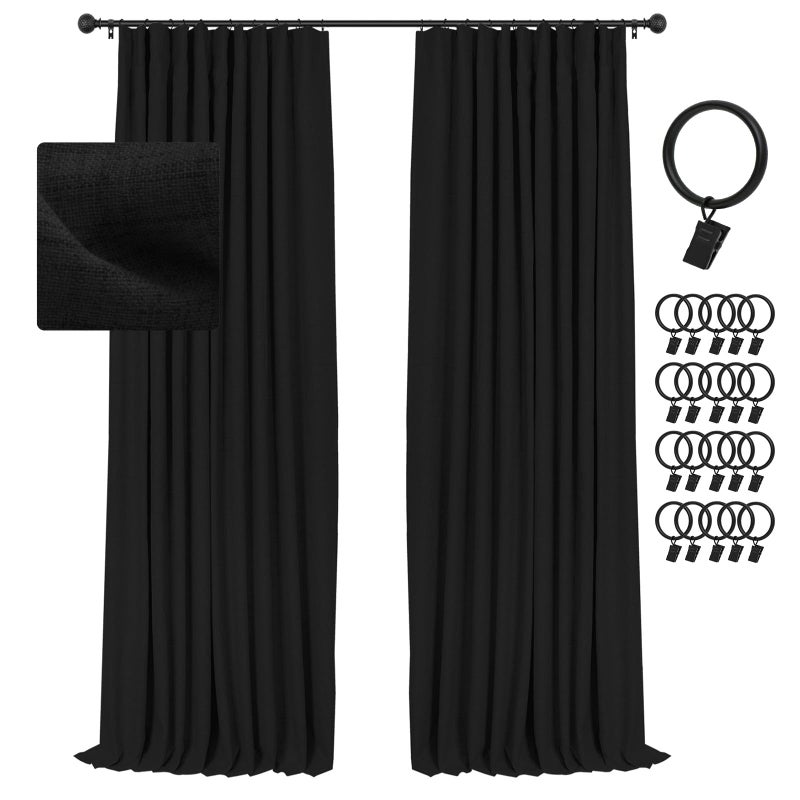 INOVADAY Blackout Curtains  2-Panel Linen Textured 100% Thermal Insulated Room Darkening Sun Blocking Drapes for Bedroom  Nursery  Living Room + 20 Curtain Ring Clips -W50 x L96  Black - Image 1